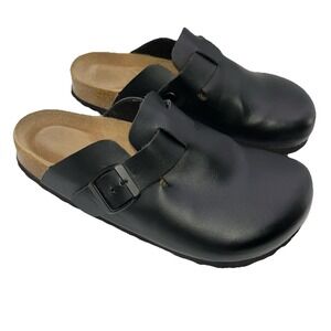 Cushionaire Sandals Womens 6.5 W Hana Mule Flats Cork Black Faux Leather Slip On